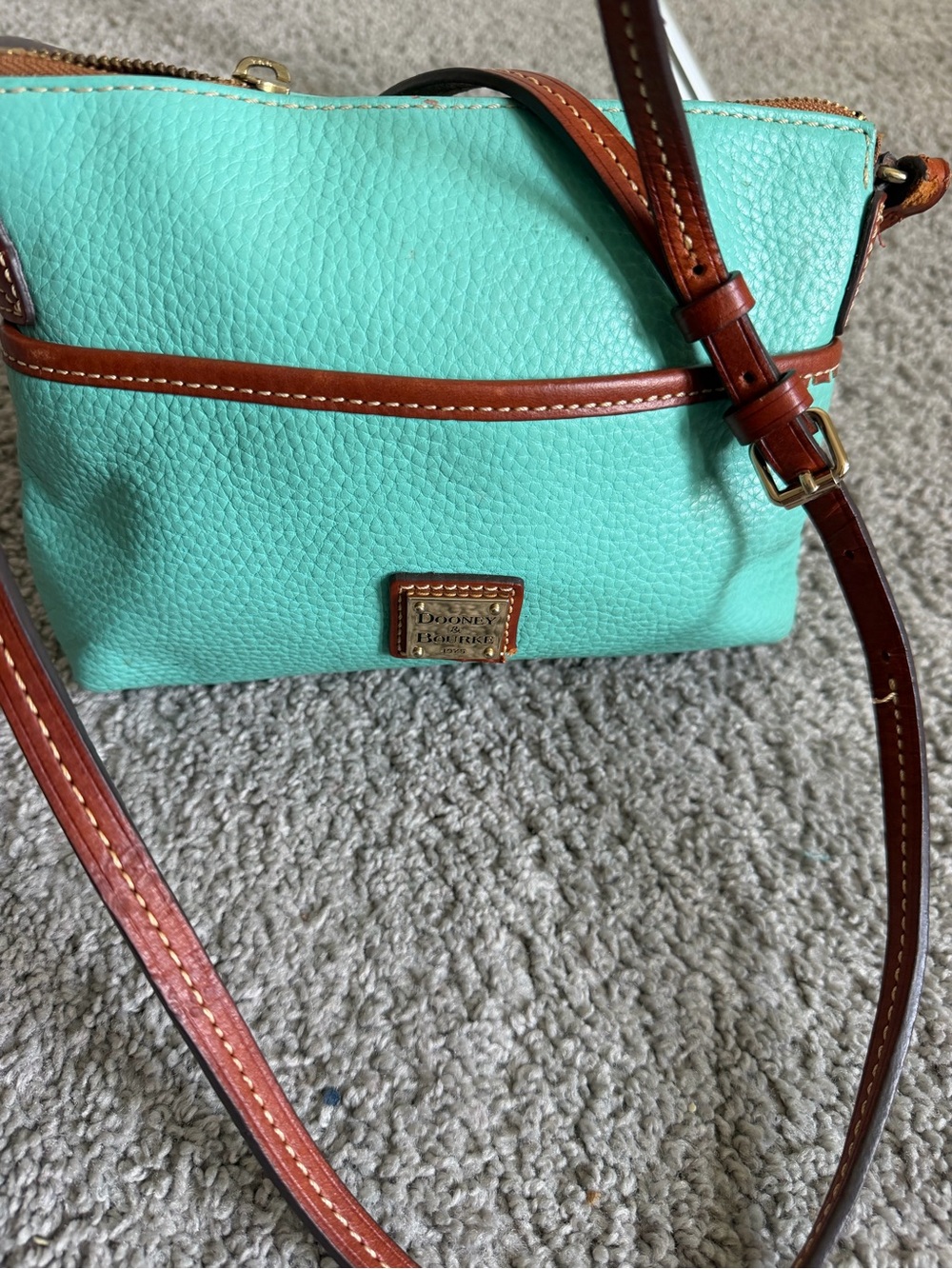 Dooney & Bourke Aqua Pebbled Leather Crossbody with Brown Trim